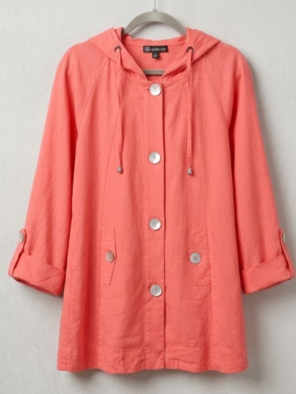Vibrant Linen/Cotton Coral Hooded Jacket (Sz M) Relaxed Fit Coastal Lightweight